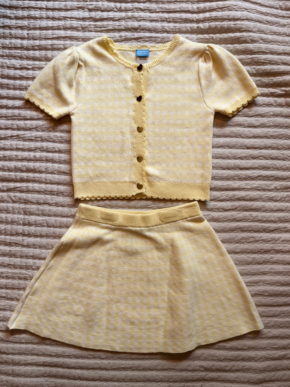 Draper James Pale Yellow Cropped Knit Cardigan Set with Heart Buttons